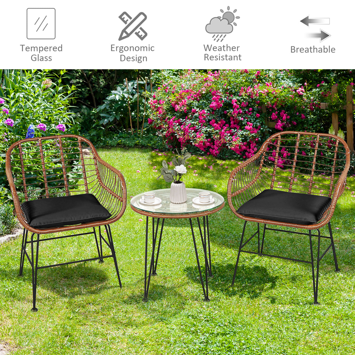 3 Pieces Patio Rattan Bistro Set with Cushion-Black-Patio Furniture Sets-DECOROLALA