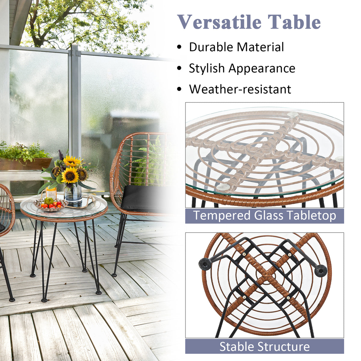 3 Pieces Patio Rattan Bistro Set with Cushion-Black-Patio Furniture Sets-DECOROLALA