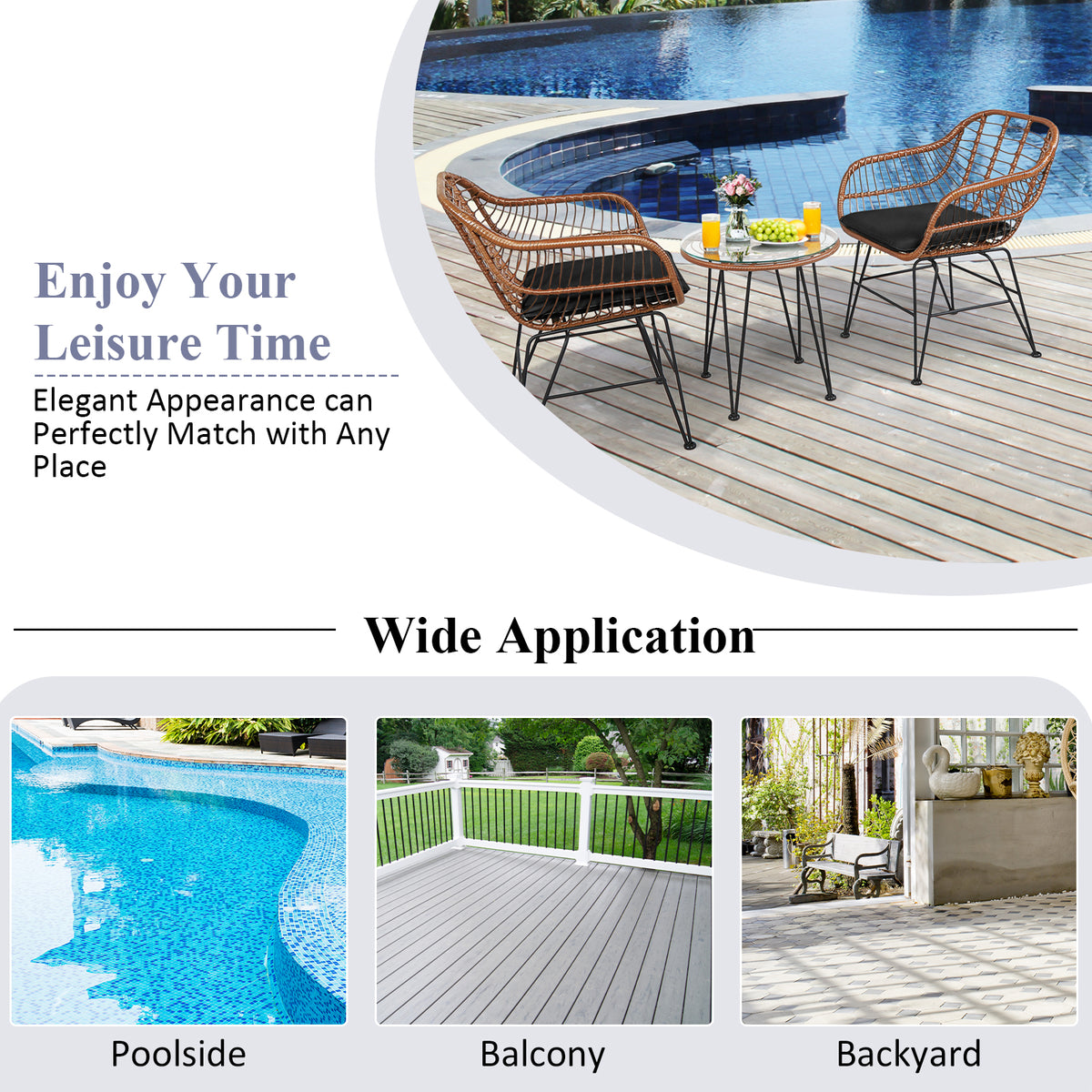 3 Pieces Patio Rattan Bistro Set with Cushion-Black-Patio Furniture Sets-DECOROLALA