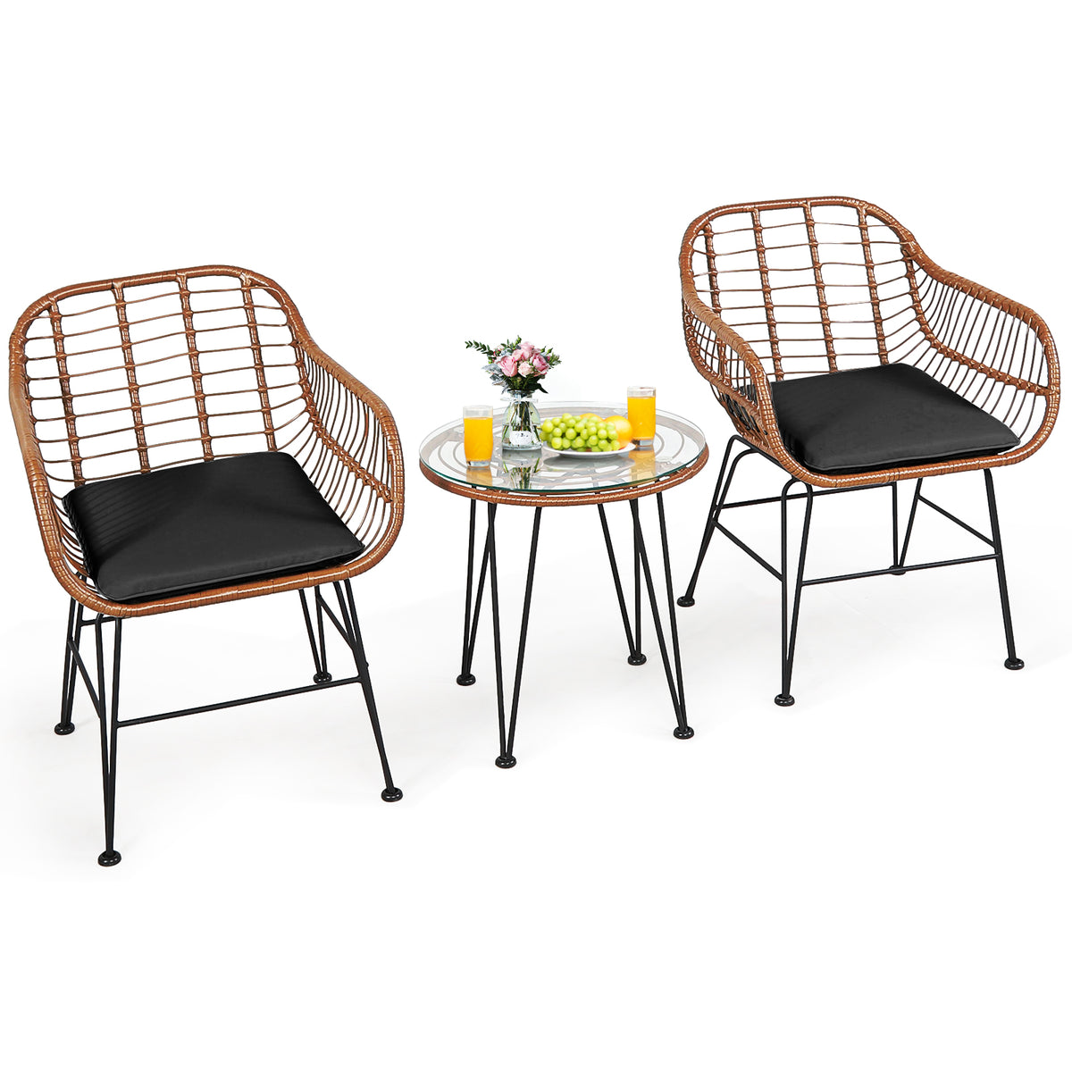 3 Pieces Patio Rattan Bistro Set with Cushion-Black-Patio Furniture Sets-DECOROLALA