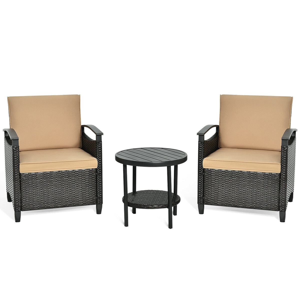 3 Pieces Patio Rattan Furniture Set Cushioned Sofa Storage Table with Shelf Garden-Patio Conversation Sets-DECOROLALA