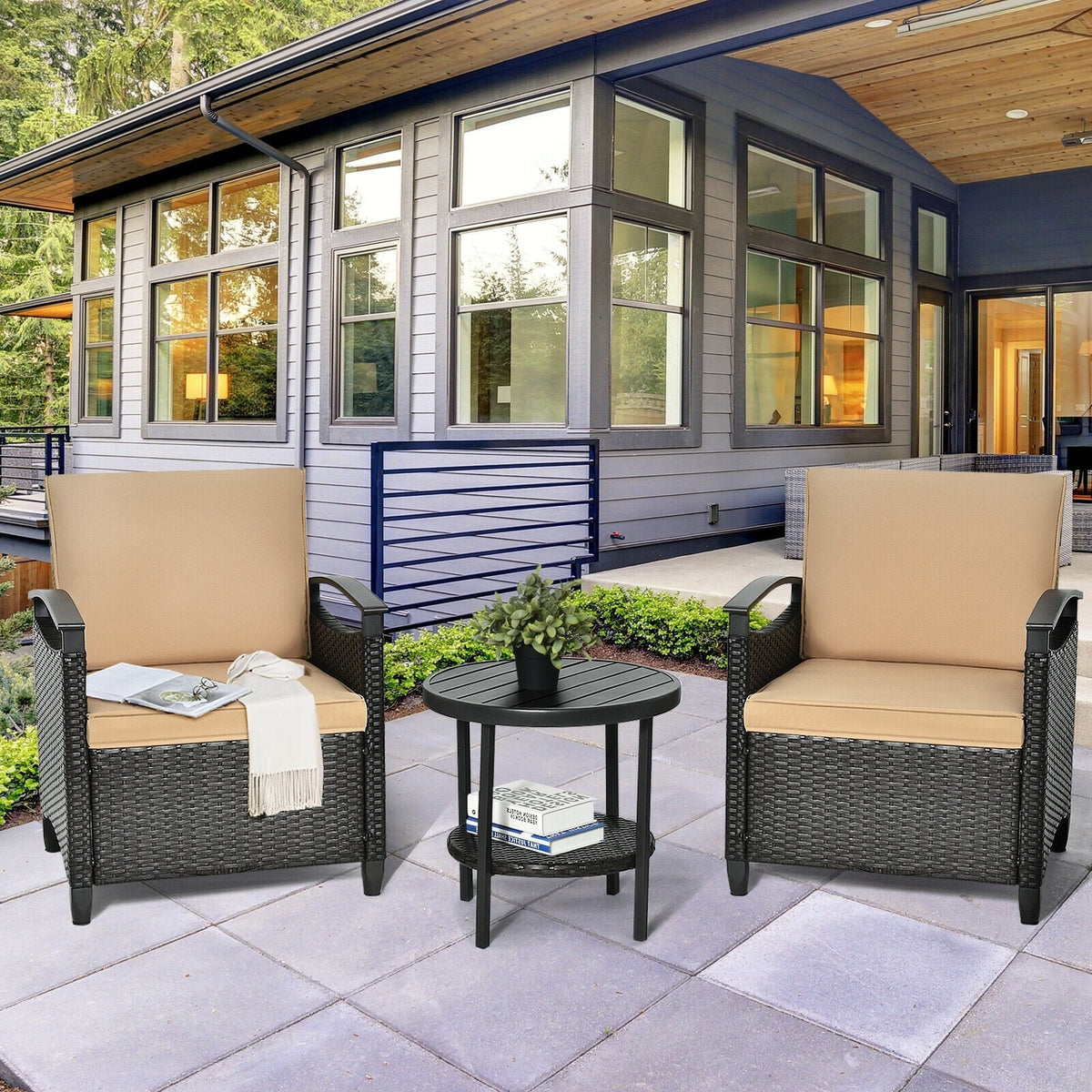 3 Pieces Patio Rattan Furniture Set Cushioned Sofa Storage Table with Shelf Garden-Patio Conversation Sets-DECOROLALA