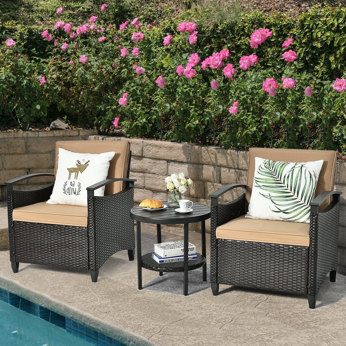 3 Pieces Patio Rattan Furniture Set Cushioned Sofa Storage Table with Shelf Garden-Patio Conversation Sets-DECOROLALA