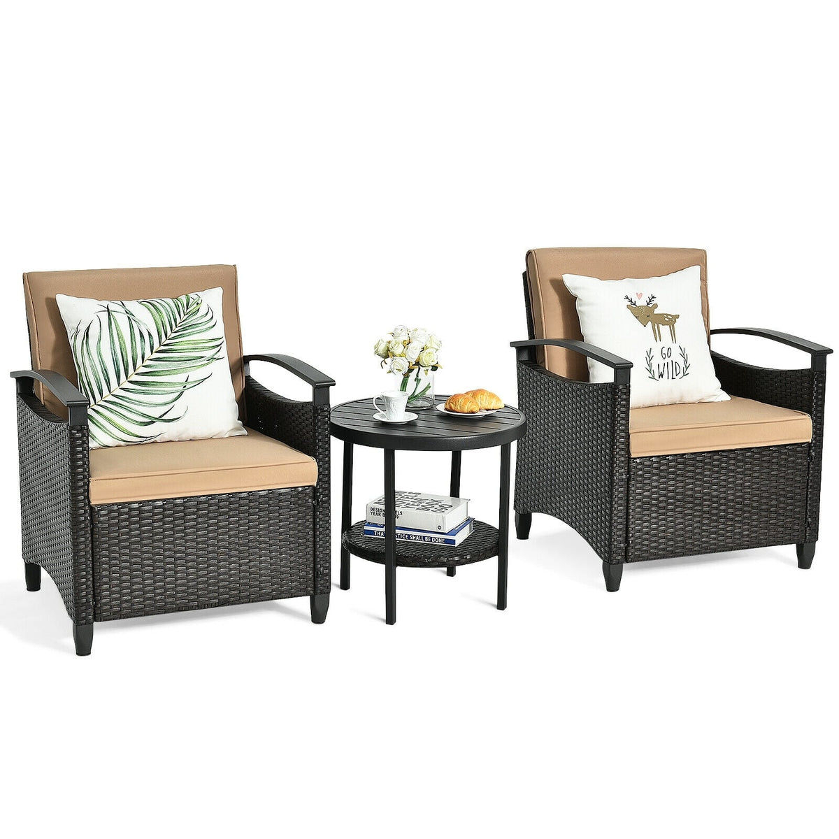 3 Pieces Patio Rattan Furniture Set Cushioned Sofa Storage Table with Shelf Garden-Patio Conversation Sets-DECOROLALA