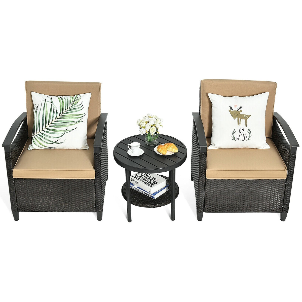 3 Pieces Patio Rattan Furniture Set Cushioned Sofa Storage Table with Shelf Garden-Patio Conversation Sets-DECOROLALA