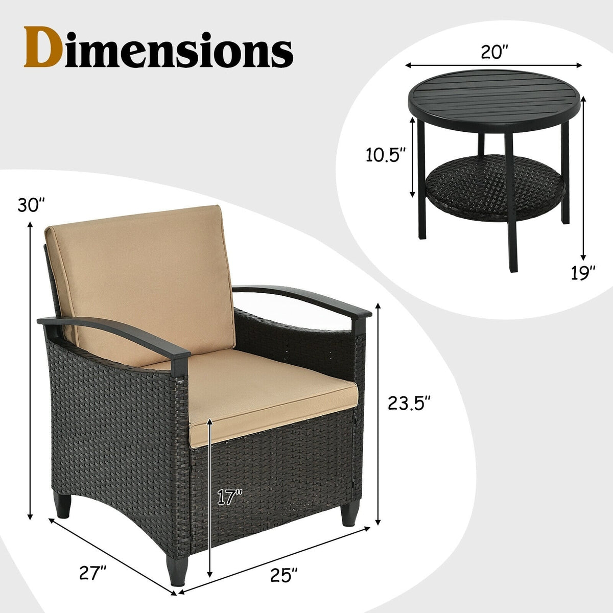 3 Pieces Patio Rattan Furniture Set Cushioned Sofa Storage Table with Shelf Garden-Patio Conversation Sets-DECOROLALA