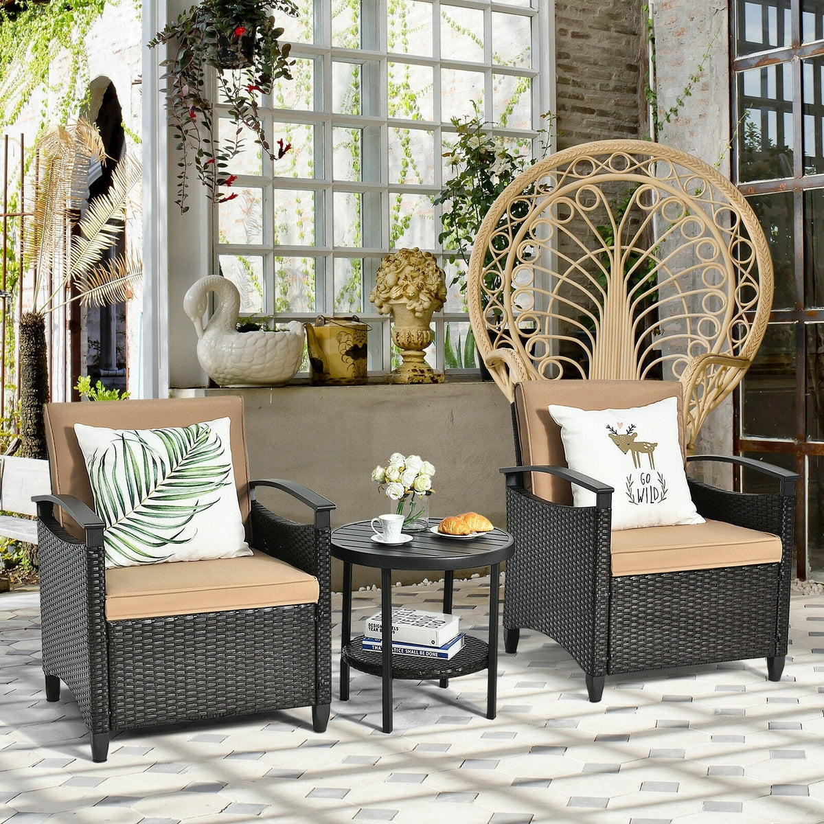 3 Pieces Patio Rattan Furniture Set Cushioned Sofa Storage Table with Shelf Garden-Patio Conversation Sets-DECOROLALA