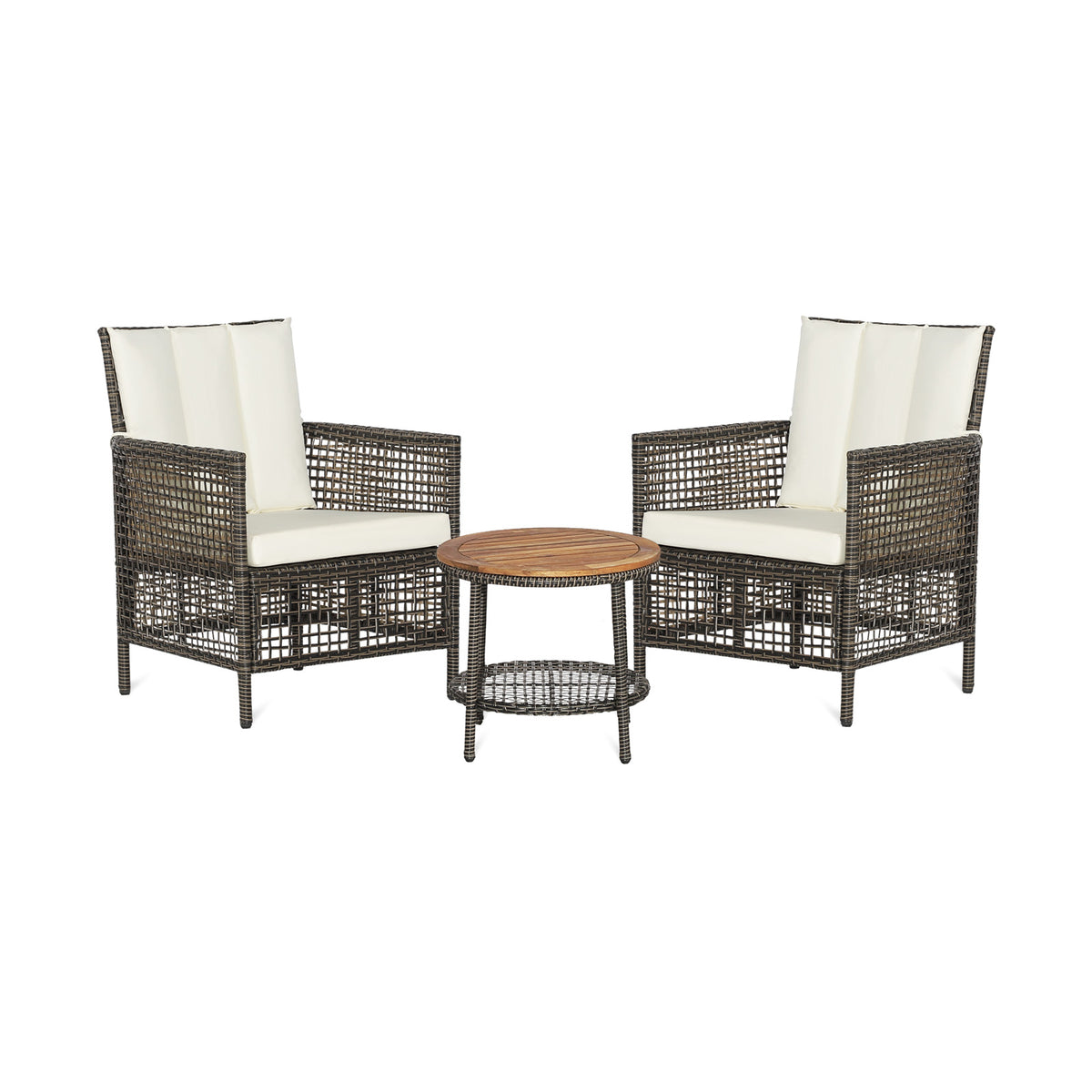 3 Pieces Patio Rattan Furniture Set with Cushioned Sofas and Wood Table Top-White-Patio Conversation Sets-DECOROLALA