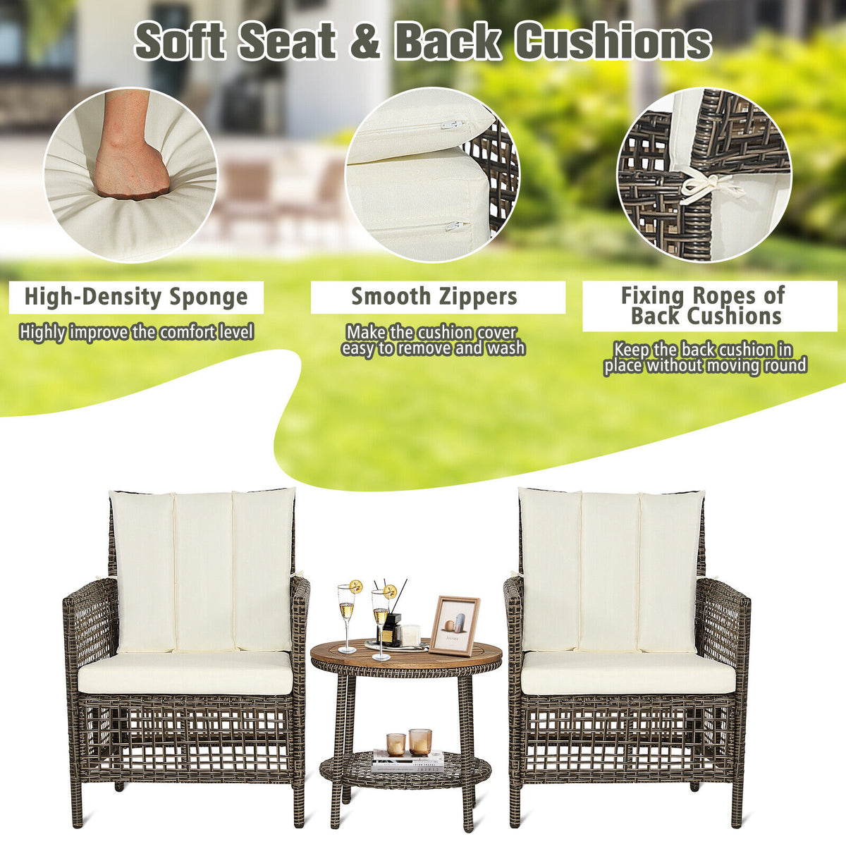 3 Pieces Patio Rattan Furniture Set with Cushioned Sofas and Wood Table Top-White-Patio Conversation Sets-DECOROLALA