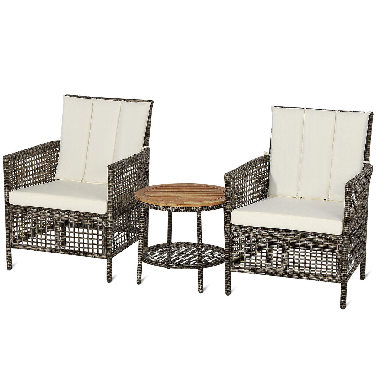 3 Pieces Patio Rattan Furniture Set with Cushioned Sofas and Wood Table Top-White-Patio Conversation Sets-DECOROLALA