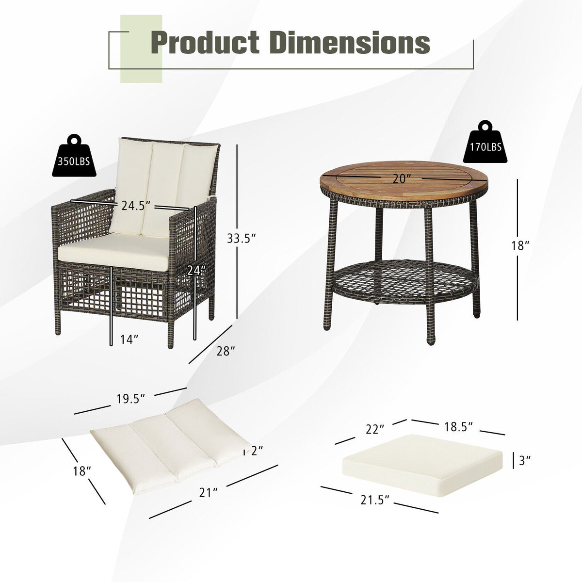3 Pieces Patio Rattan Furniture Set with Cushioned Sofas and Wood Table Top-White-Patio Conversation Sets-DECOROLALA