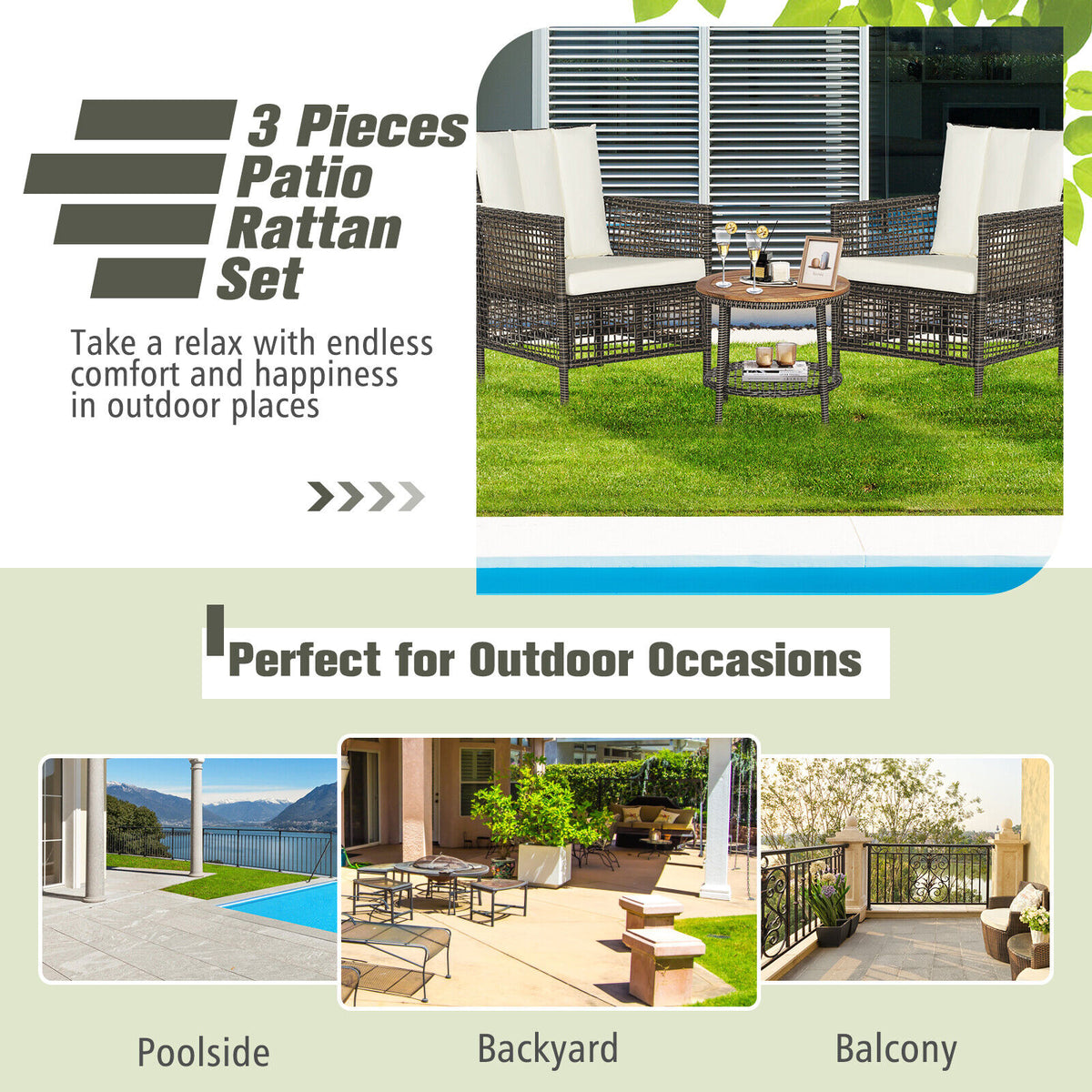 3 Pieces Patio Rattan Furniture Set with Cushioned Sofas and Wood Table Top-White-Patio Conversation Sets-DECOROLALA