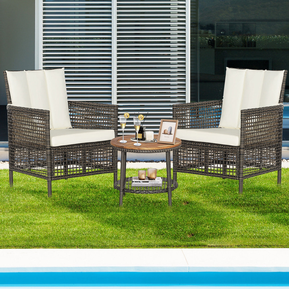 3 Pieces Patio Rattan Furniture Set with Cushioned Sofas and Wood Table Top-White-Patio Conversation Sets-DECOROLALA