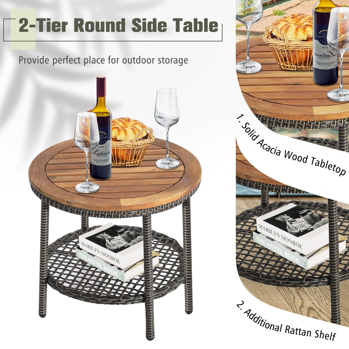 3 Pieces Patio Rattan Furniture Set with Cushioned Sofas and Wood Table Top-White-Patio Conversation Sets-DECOROLALA