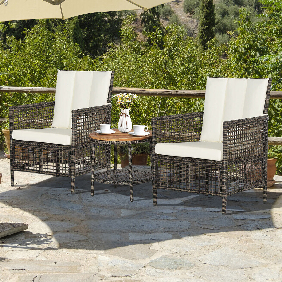 3 Pieces Patio Rattan Furniture Set with Cushioned Sofas and Wood Table Top-White-Patio Conversation Sets-DECOROLALA