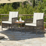 3 Pieces Patio Rattan Furniture Set with Cushioned Sofas and Wood Table Top-White-Patio Conversation Sets-DECOROLALA