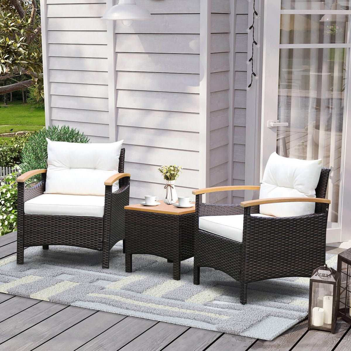 3 Pieces Patio Rattan Furniture Set with Removable Cushion-Off White-Patio Conversation Sets-DECOROLALA