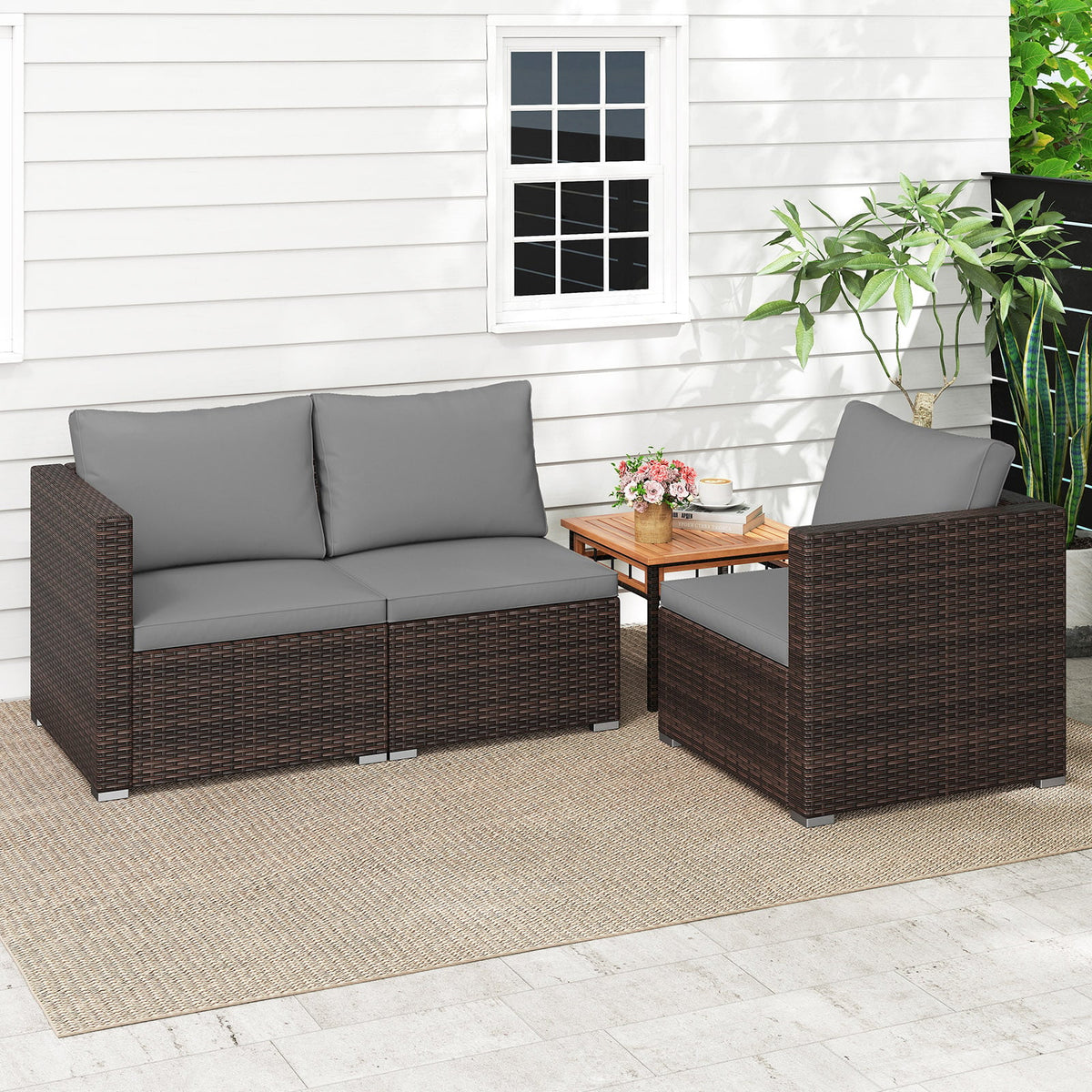 3 Pieces Patio Sectional Sofa Set with Soft Cushions-Gray-Outdoor Sectional Sofas-DECOROLALA