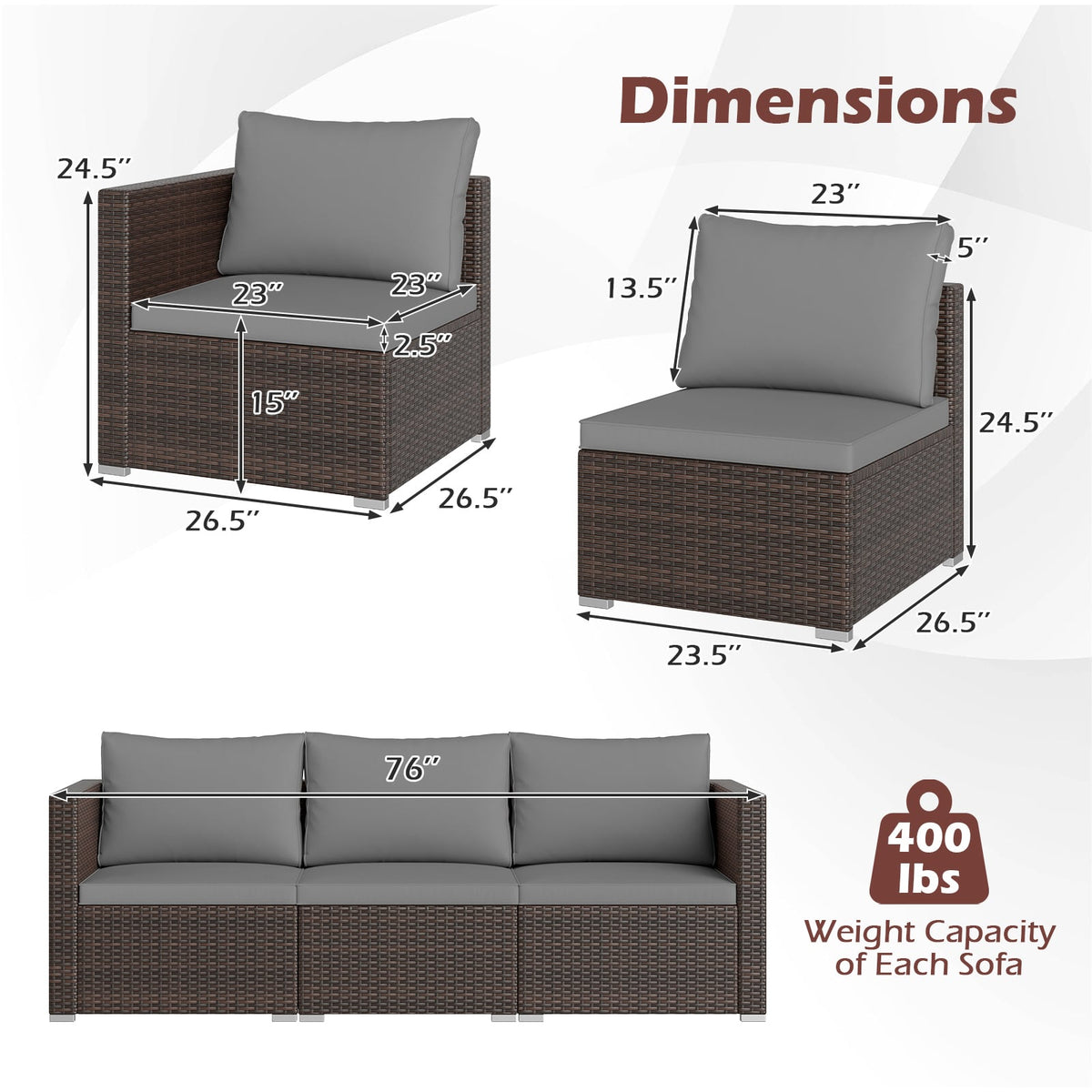 3 Pieces Patio Sectional Sofa Set with Soft Cushions-Gray-Outdoor Sectional Sofas-DECOROLALA