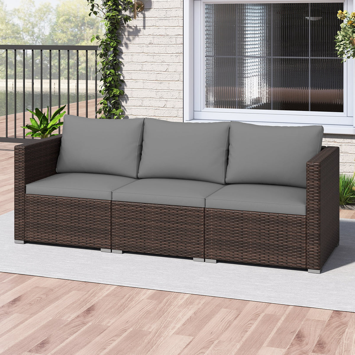 3 Pieces Patio Sectional Sofa Set with Soft Cushions-Gray-Outdoor Sectional Sofas-DECOROLALA