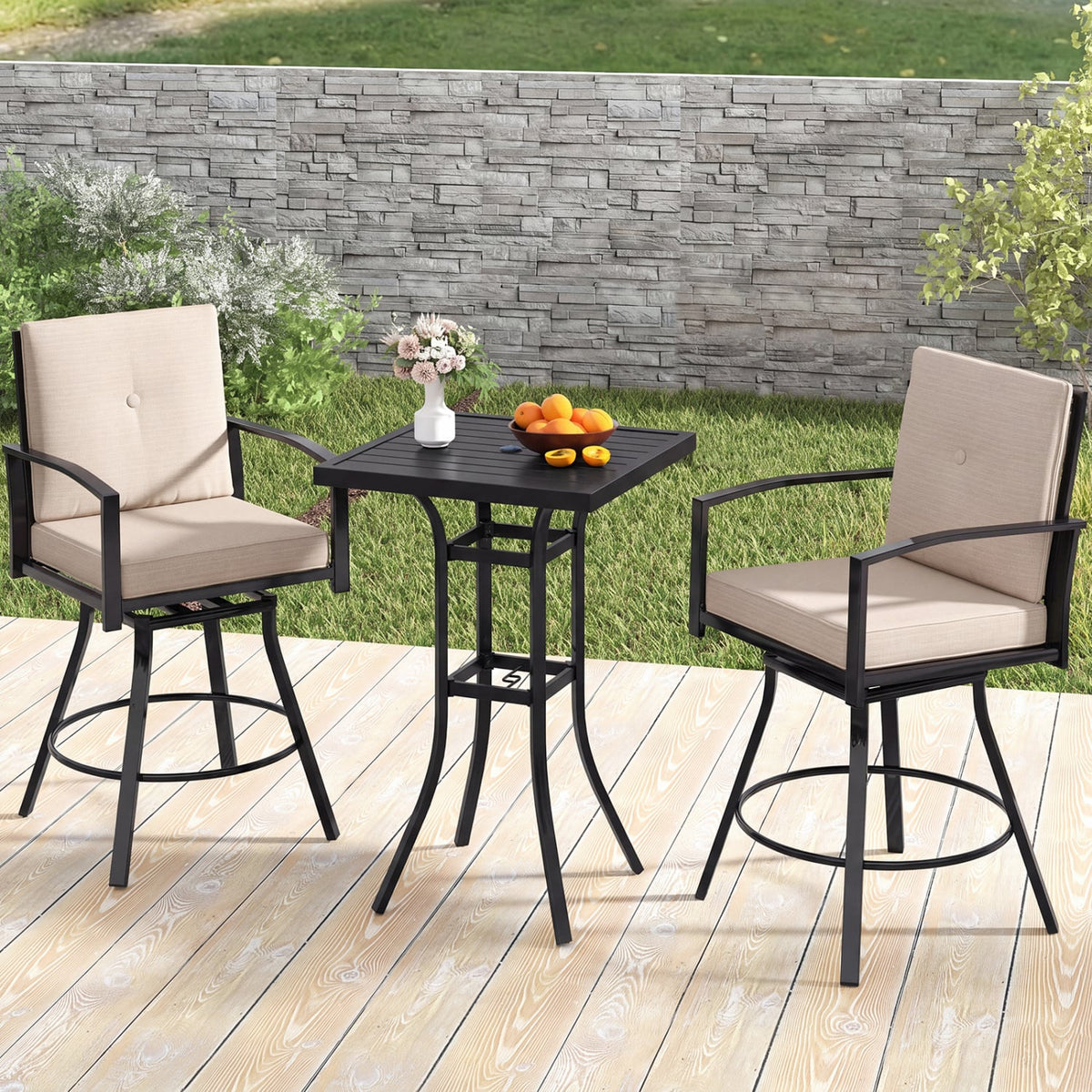 3 Pieces Patio Swivel Bar Set with Soft Cushions and Umbrella Hole-Beige-Outdoor Bar Furniture-DECOROLALA