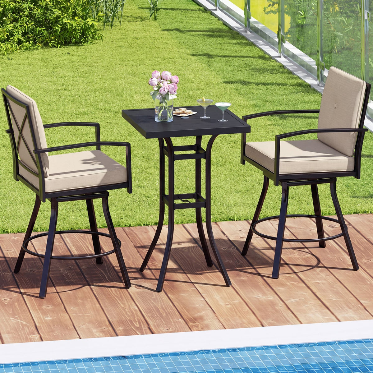3 Pieces Patio Swivel Bar Set with Soft Cushions and Umbrella Hole-Beige-Outdoor Bar Furniture-DECOROLALA