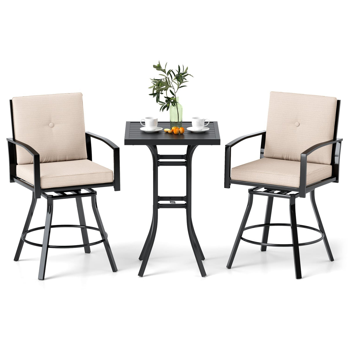 3 Pieces Patio Swivel Bar Set with Soft Cushions and Umbrella Hole-Beige-Outdoor Bar Furniture-DECOROLALA