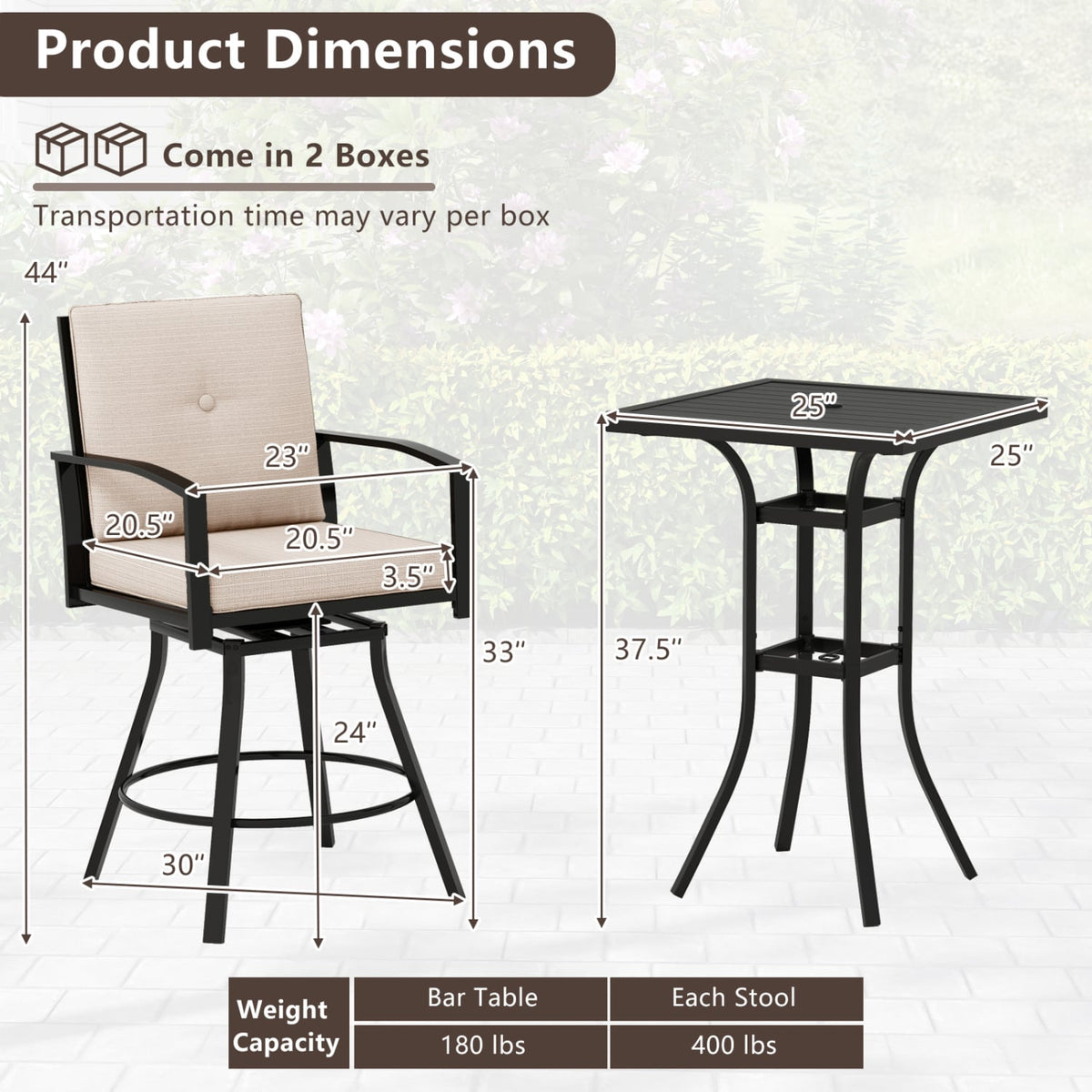 3 Pieces Patio Swivel Bar Set with Soft Cushions and Umbrella Hole-Beige-Outdoor Bar Furniture-DECOROLALA