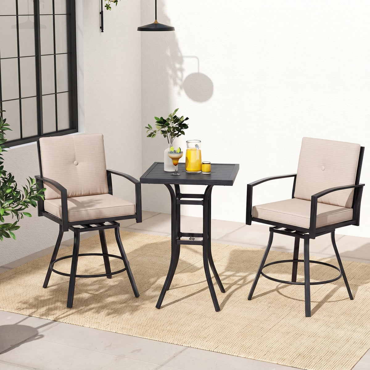 3 Pieces Patio Swivel Bar Set with Soft Cushions and Umbrella Hole-Beige-Outdoor Bar Furniture-DECOROLALA