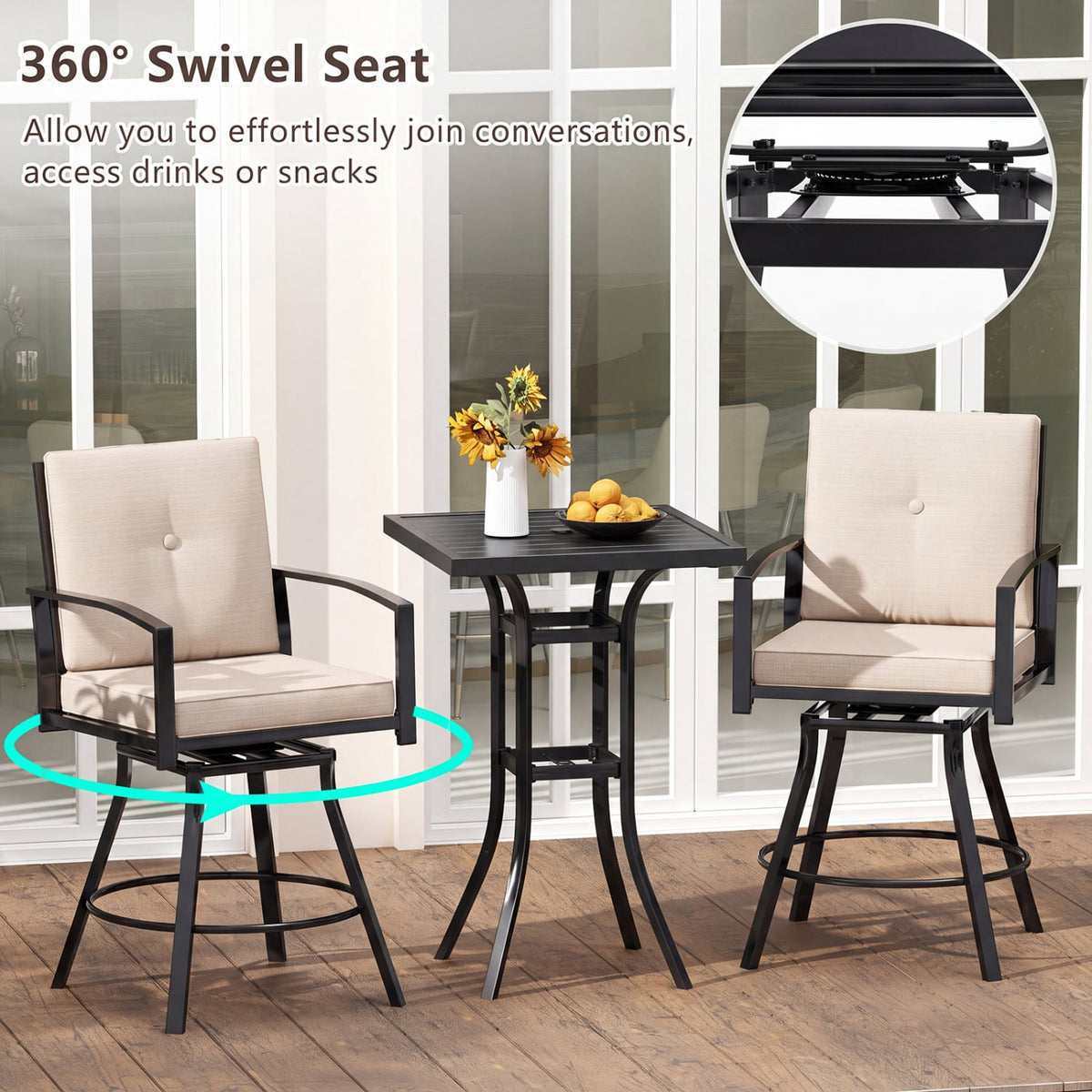 3 Pieces Patio Swivel Bar Set with Soft Cushions and Umbrella Hole-Beige-Outdoor Bar Furniture-DECOROLALA