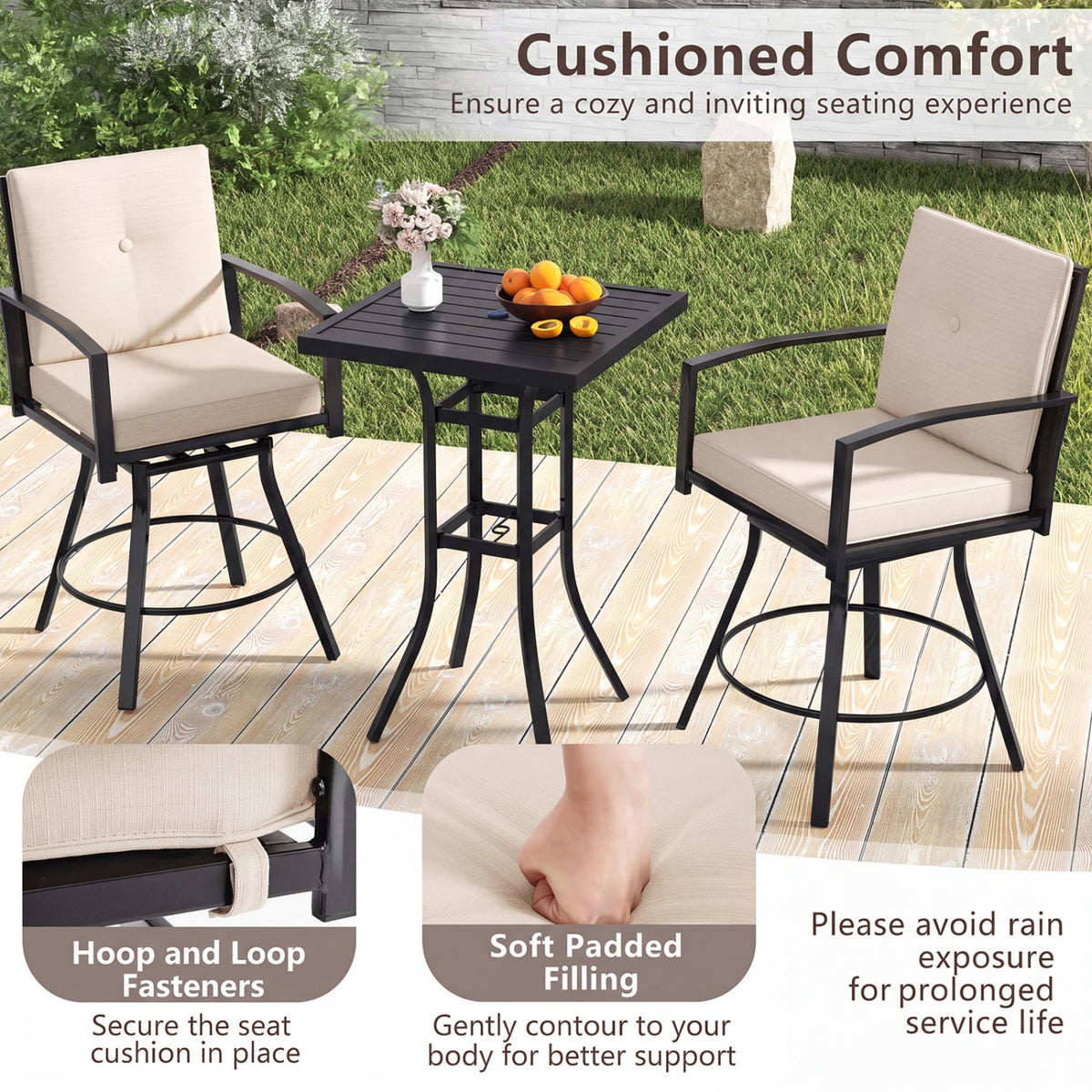 3 Pieces Patio Swivel Bar Set with Soft Cushions and Umbrella Hole-Beige-Outdoor Bar Furniture-DECOROLALA