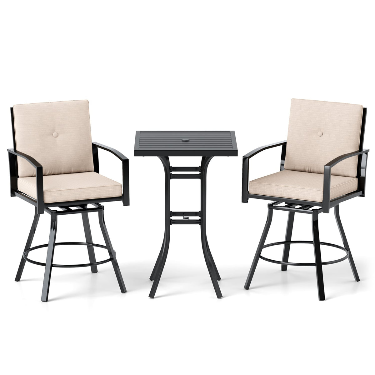 3 Pieces Patio Swivel Bar Set with Soft Cushions and Umbrella Hole-Beige-Outdoor Bar Furniture-DECOROLALA