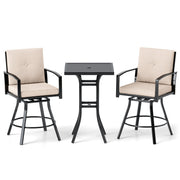 3 Pieces Patio Swivel Bar Set with Soft Cushions and Umbrella Hole-Beige-Outdoor Bar Furniture-DECOROLALA