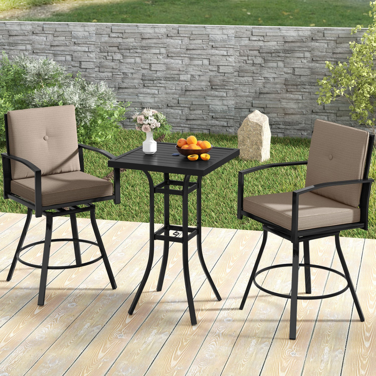 3 Pieces Patio Swivel Bar Set with Soft Cushions and Umbrella Hole-Brown-Outdoor Bar Furniture-DECOROLALA