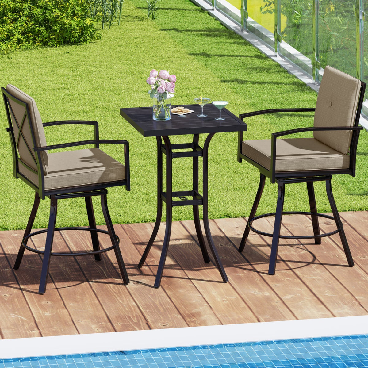 3 Pieces Patio Swivel Bar Set with Soft Cushions and Umbrella Hole-Brown-Outdoor Bar Furniture-DECOROLALA