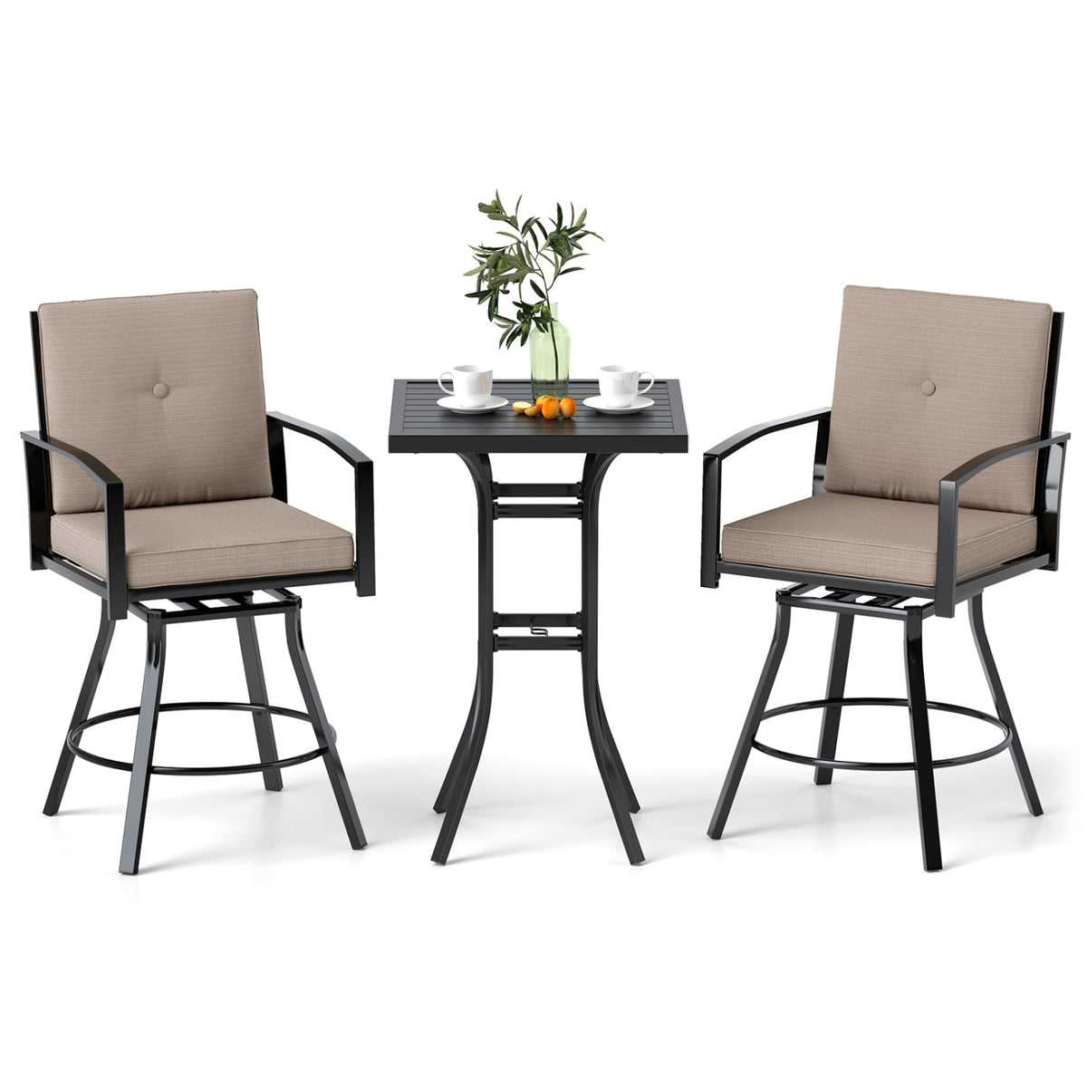 3 Pieces Patio Swivel Bar Set with Soft Cushions and Umbrella Hole-Brown-Outdoor Bar Furniture-DECOROLALA