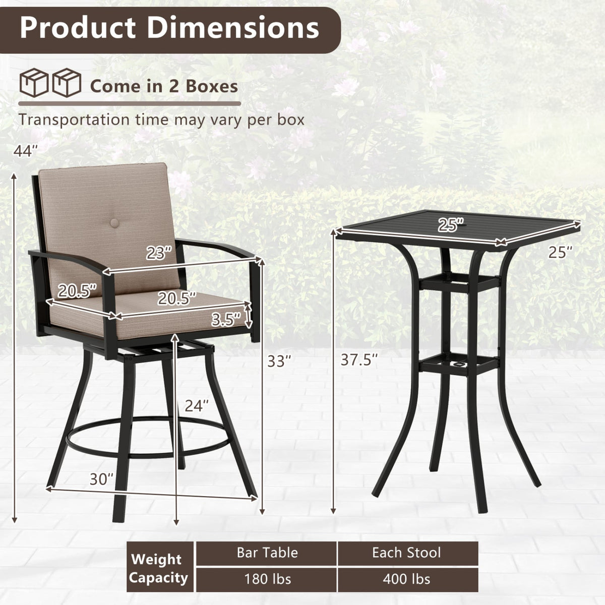 3 Pieces Patio Swivel Bar Set with Soft Cushions and Umbrella Hole-Brown-Outdoor Bar Furniture-DECOROLALA