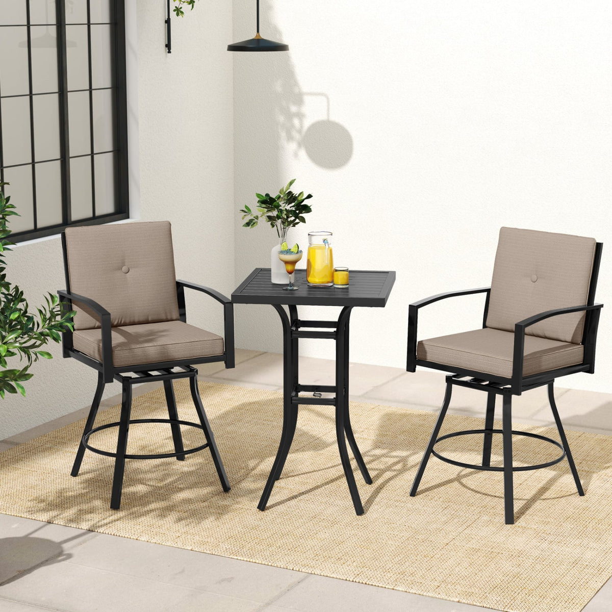 3 Pieces Patio Swivel Bar Set with Soft Cushions and Umbrella Hole-Brown-Outdoor Bar Furniture-DECOROLALA