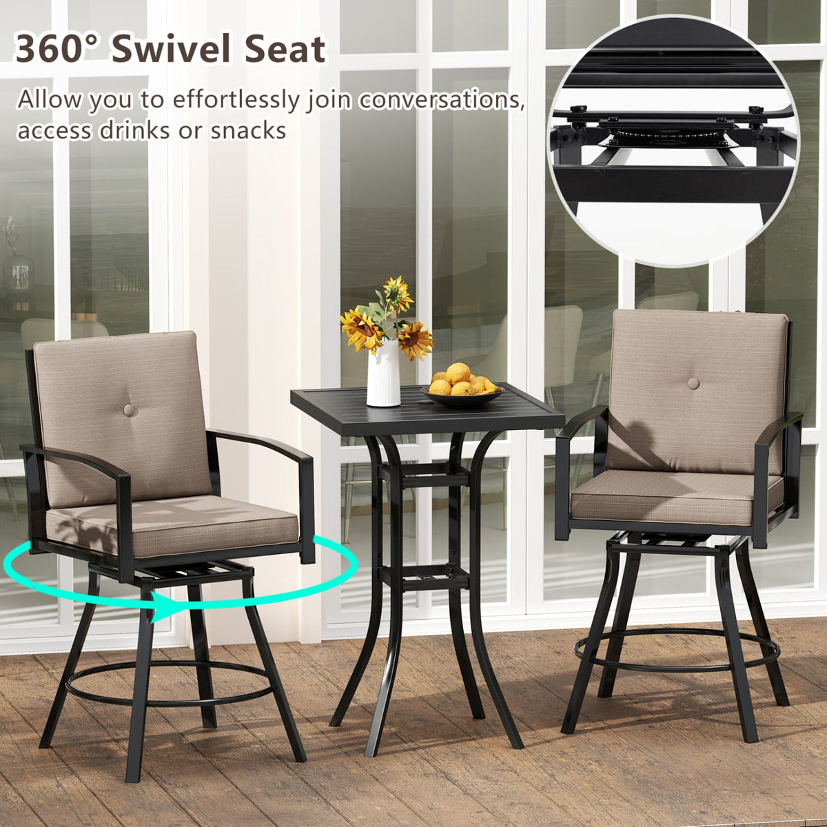 3 Pieces Patio Swivel Bar Set with Soft Cushions and Umbrella Hole-Brown-Outdoor Bar Furniture-DECOROLALA