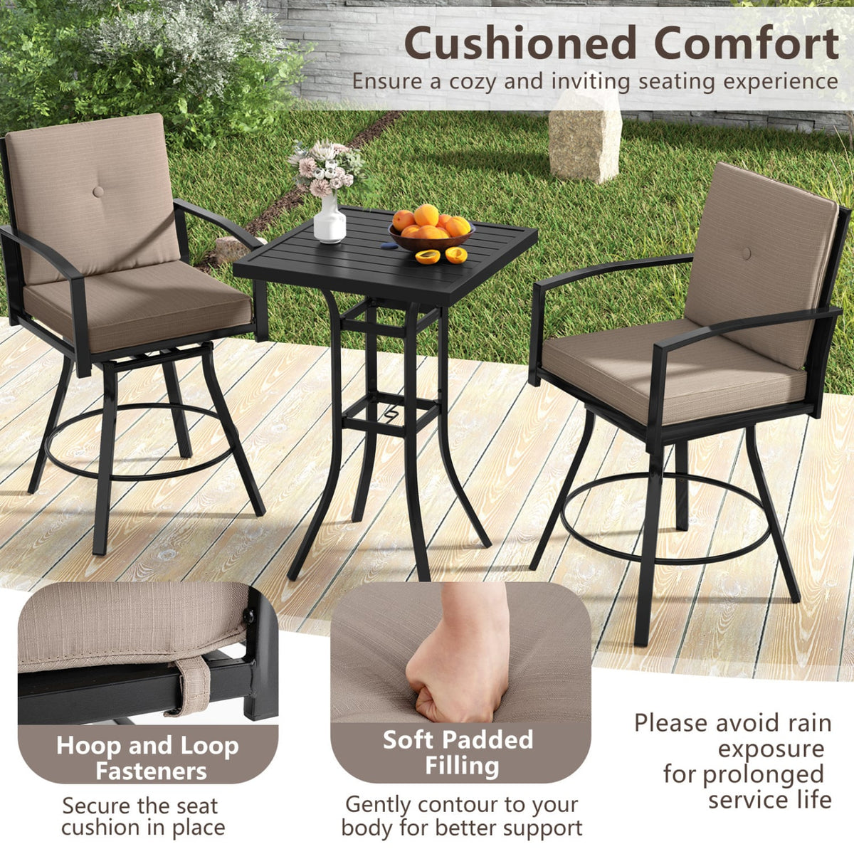 3 Pieces Patio Swivel Bar Set with Soft Cushions and Umbrella Hole-Brown-Outdoor Bar Furniture-DECOROLALA