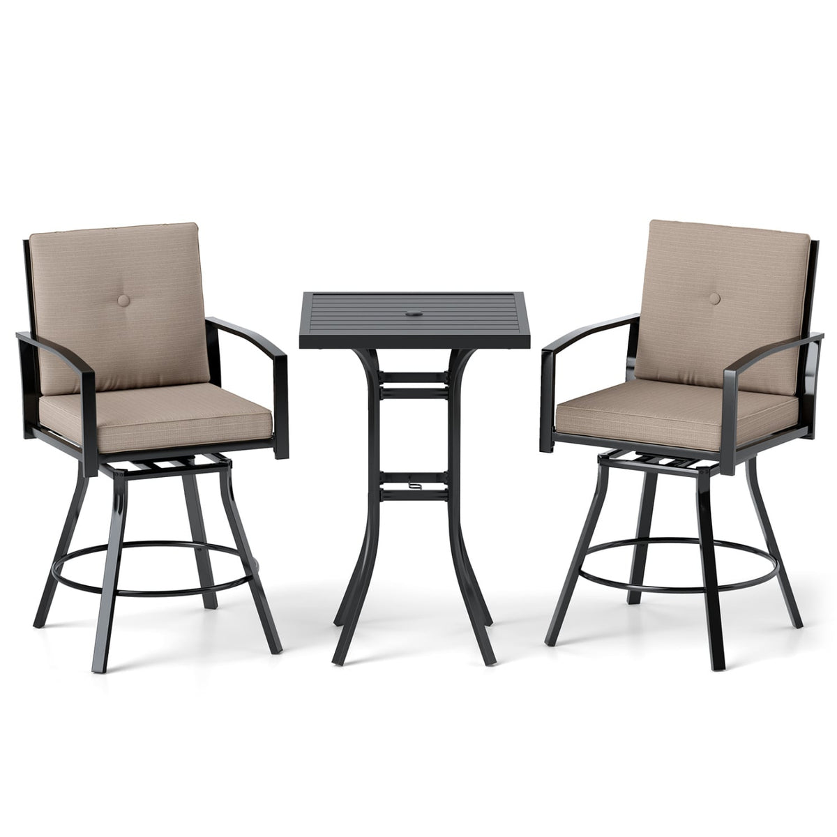 3 Pieces Patio Swivel Bar Set with Soft Cushions and Umbrella Hole-Brown-Outdoor Bar Furniture-DECOROLALA