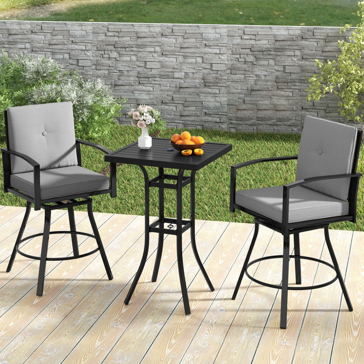 3 Pieces Patio Swivel Bar Set with Soft Cushions and Umbrella Hole-Gray-Outdoor Bar Furniture-DECOROLALA