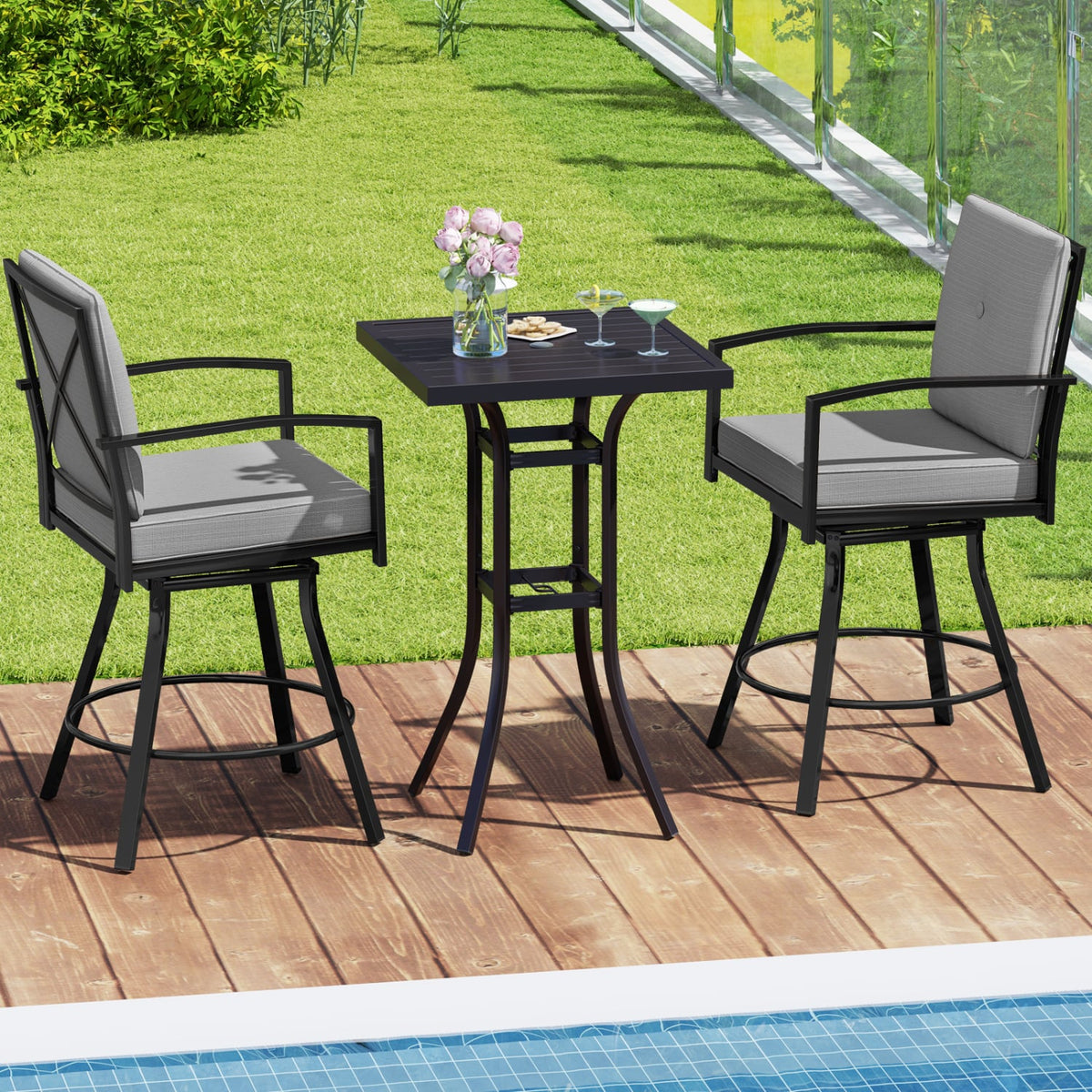 3 Pieces Patio Swivel Bar Set with Soft Cushions and Umbrella Hole-Gray-Outdoor Bar Furniture-DECOROLALA