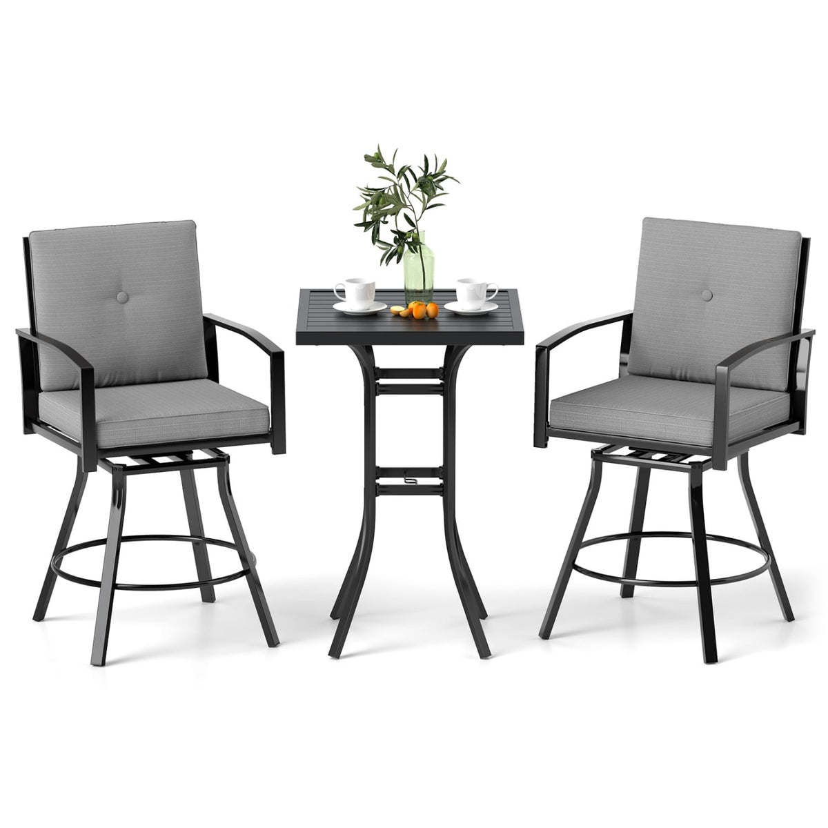 3 Pieces Patio Swivel Bar Set with Soft Cushions and Umbrella Hole-Gray-Outdoor Bar Furniture-DECOROLALA
