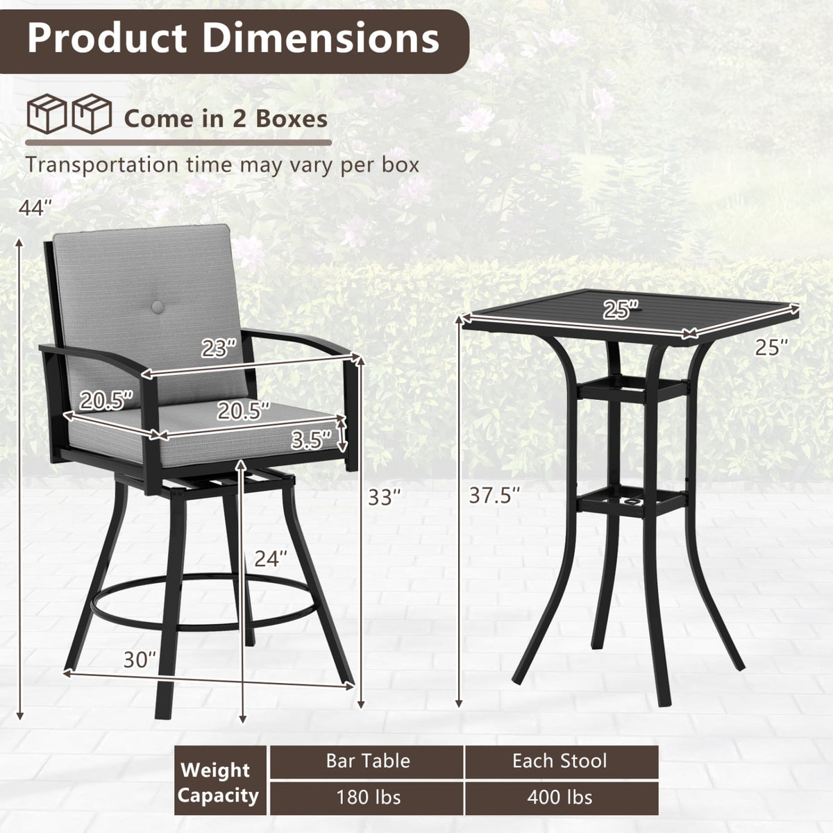 3 Pieces Patio Swivel Bar Set with Soft Cushions and Umbrella Hole-Gray-Outdoor Bar Furniture-DECOROLALA