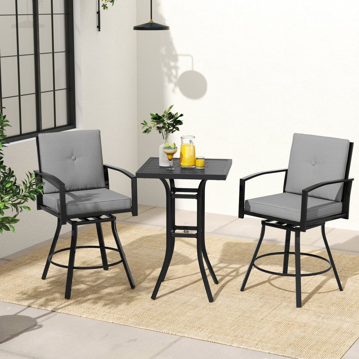 3 Pieces Patio Swivel Bar Set with Soft Cushions and Umbrella Hole-Gray-Outdoor Bar Furniture-DECOROLALA