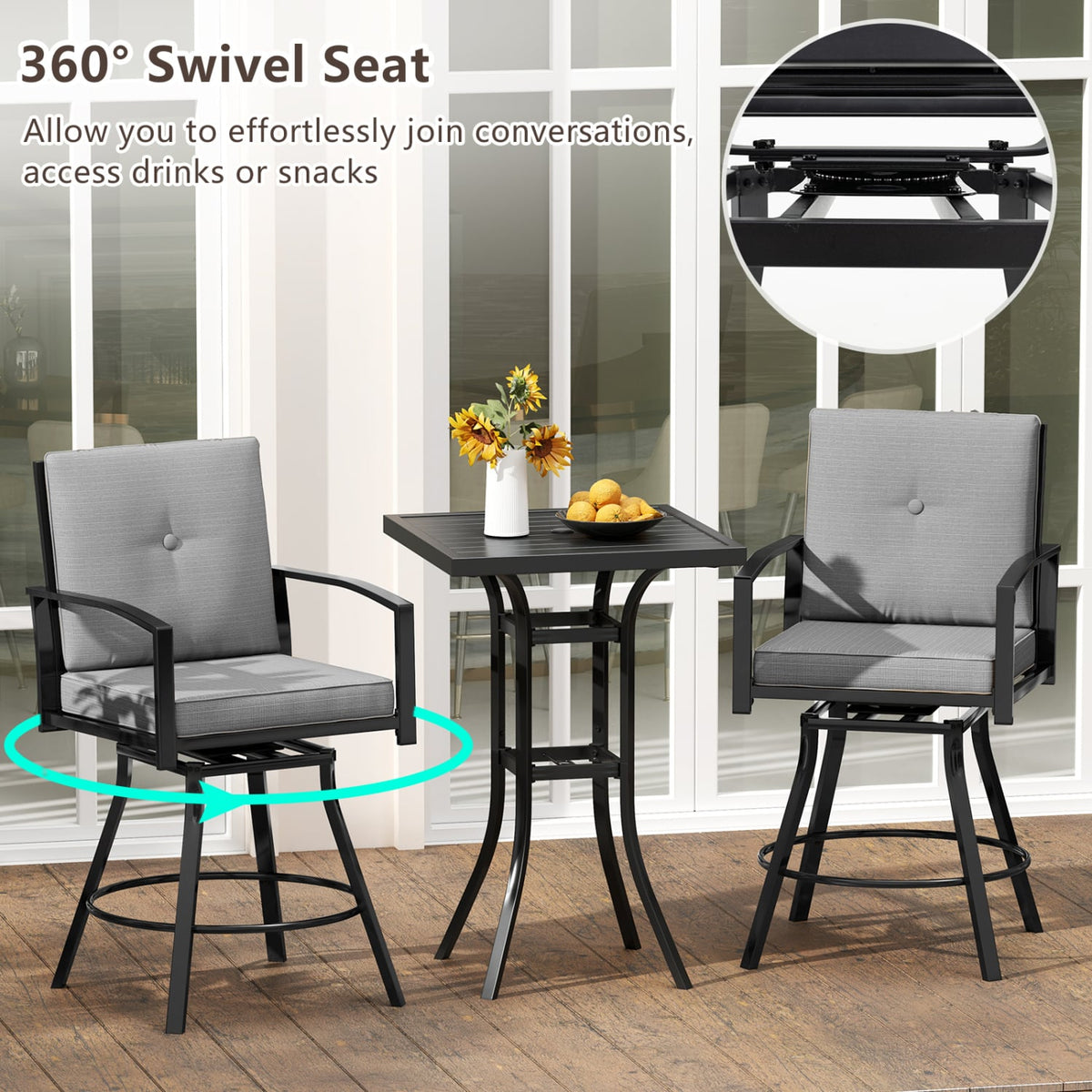 3 Pieces Patio Swivel Bar Set with Soft Cushions and Umbrella Hole-Gray-Outdoor Bar Furniture-DECOROLALA