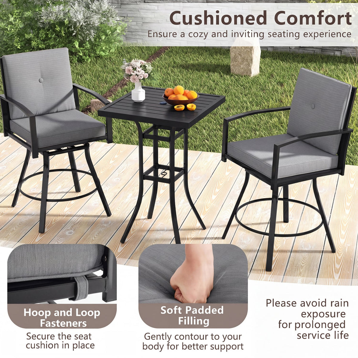 3 Pieces Patio Swivel Bar Set with Soft Cushions and Umbrella Hole-Gray-Outdoor Bar Furniture-DECOROLALA