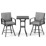 3 Pieces Patio Swivel Bar Set with Soft Cushions and Umbrella Hole-Gray-Outdoor Bar Furniture-DECOROLALA