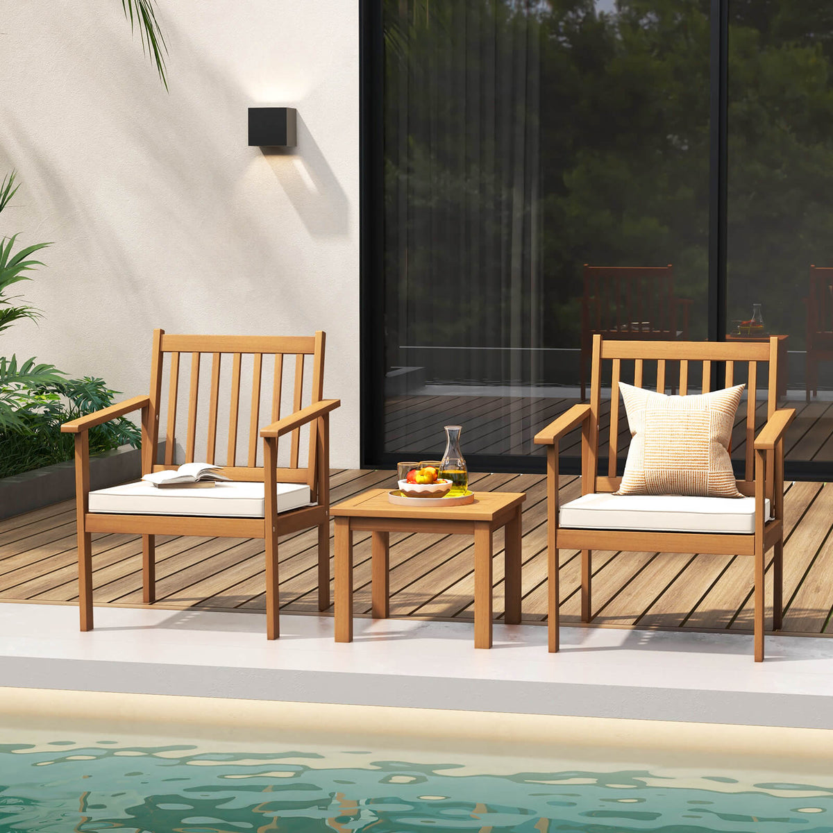 3 Pieces Patio Wood Furniture Set with soft Cushions for Porch-White-Patio Conversation Sets-DECOROLALA
